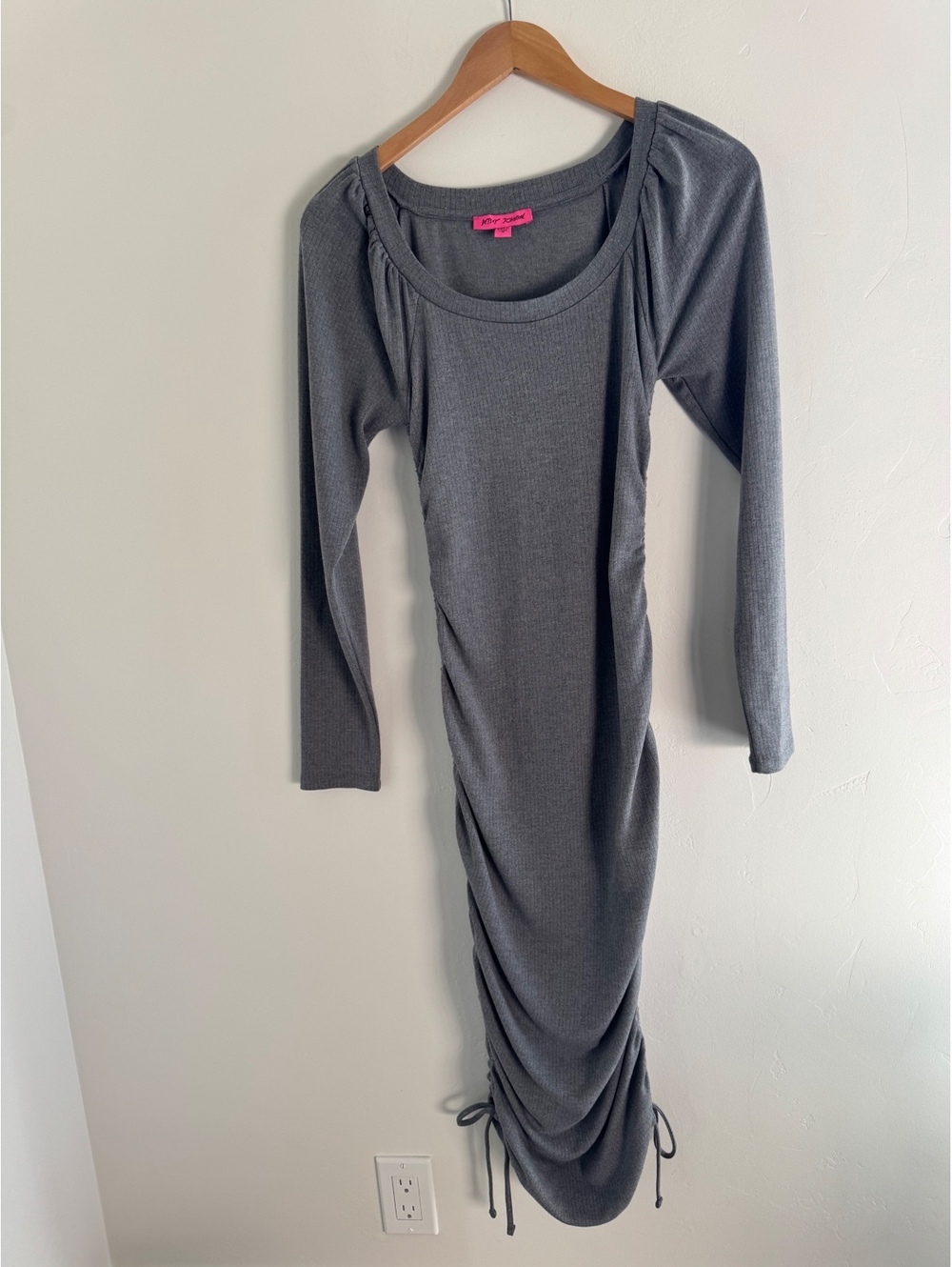 Betsey Johnson Gray Ribbed Ruched Midi Dress Size Medium Long Sleeve Y2K